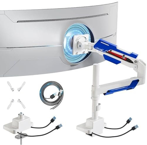 ARES WING Single Monitor Mount with USB, Ultrawide Monitor Arm for 24 to 57 Inch Heavy Duty Curved Screen, Adjustable Gas Spring Monitors Arm Stand up to 66LBS with 75/100/200 Vesa Mount, White