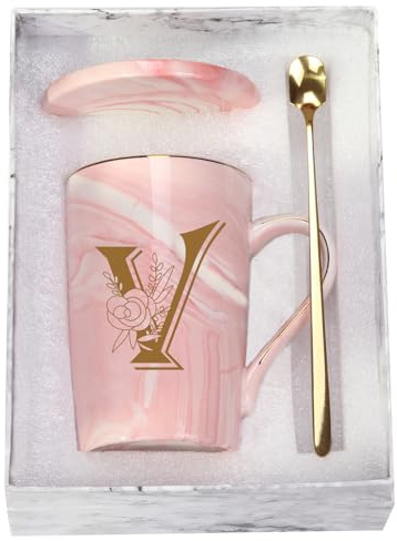 Letter V Personalized Initial Mugs with Flower, Letter V Personalized Novelty Coffee Mug, Novelty Letter Coffee Mugs for Women, Bridal Shower Gifts, Women's Initials Gifts Coffee Mug 14 Ounce Pink