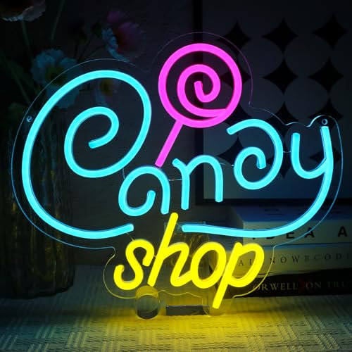 OYCGZV Candy Shop Neon Schild Süßwarenladen Led Neonschild Wand Lollipopks Neon Sign USB Led Schild für Candy Bar Deko Candybar Tisch Ornament Kaffee Restaurant Geburtstage Sonstige Events