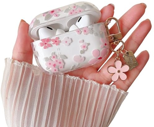 MINSCOSE Kompatibel mit AirPods Pro/Pro2 Klar Hülle,Niedliche Blume Muster Design mit floralen Schlüsselanhänger, weiche TPU schützende stoßfeste Hülle für Frauen Mädchen-Rosa Blume