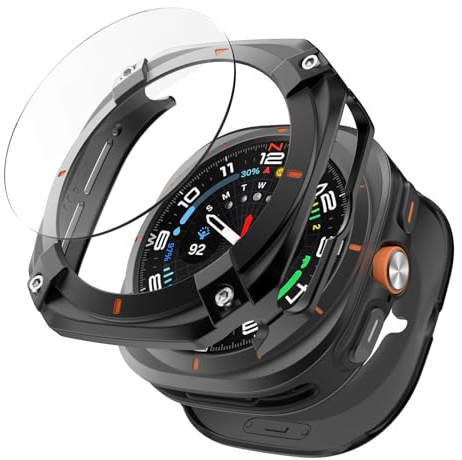 MoKo 3 en 1 Funda Metálica para Samsung Galaxy Watch Ultra 47mm (2025/2024), Funda Protectora y Cubierta Trasera Rígida de PC, Protector de Pantalla de Cristal Templado HD, Negro/Naranja