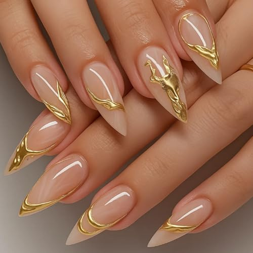 24Pcs Nude Gold Swirl Press On Nails – Long Almond Shape False Nails with Glossy Finish and Metallic Art – Includes Gelly Adhesive Tabs for Easy Application and Elegant Look