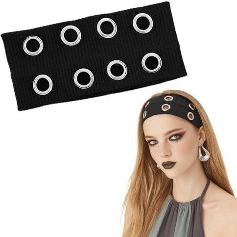 ELNX Elastisches Haarband mit Ösen, Breites Punk-Grunge-Stirnband für Damen, Modisches Y2K Accessoire für Yoga, Laufen, Arbeit und Halloween (Schwarz)