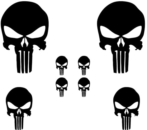 Adesivi Teschio Punisher per Auto e Moto | Set 6 Pezzi in 3 Misure | Vinile Polimerico Anti Bolle | Colore Nero, Bianco o Rosso | Adesivo Resistente ad Acqua e Sole per Casco, Scooter e 4x4 (Bianco)