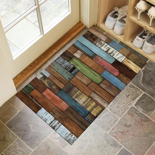 GDJSMIN Fußmatte Innen und Außen 90 x 150 cm,Holzstreifenstruktur rutschfeste Fußmatte Outdoor,Retro-Holzmaserung Fussmatte Aussen Gummi,Schmutzfangmatte Waschbar,Fussmatten Haustür, Braun
