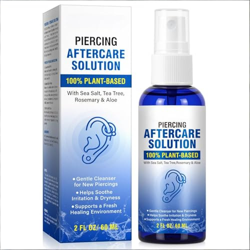 Piercing Reinigungslösung, Saline Piercing Spray - Sanfte Reinigung für frische Ohr- und Nasenpiercings, täglicher Gebrauch, After Piercing Spray für Nachsorge, 60ml Flasche