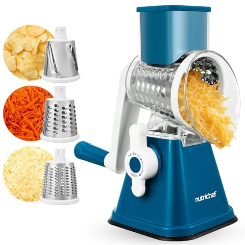 NutriChef Mandolina per Verdure 3 in 1 e Grattugia Formaggio per Cucina, Affetta Verdure con 3 Lame Intercambiabili, Base a Ventosa e Manovella con Blocco Sicurezza, Accessori Cucina, Blu