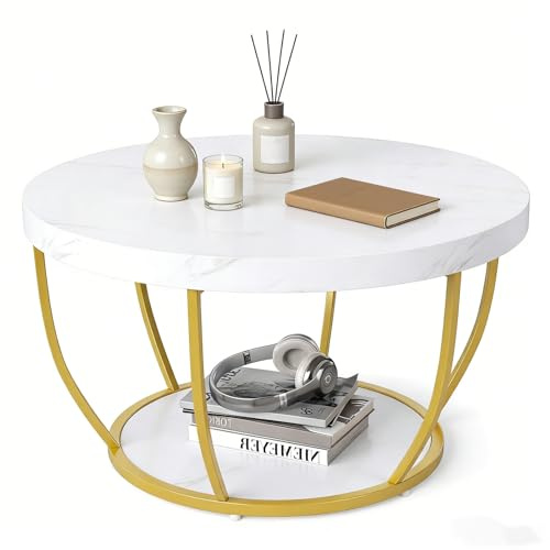 LIFEZEAL Table Basse Ronde, Table Basse à 2 Niveaux avec Structure en Métal, Meuble de Salon, 80 x 80 Cm, Style Industriel (Blanc)