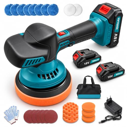 Polisseuse de voiture à batterie, kit professionnel avec 2 batteries de 3,0 Ah + chargeur et 24 accessoires, 6 niveaux réglables, 6000 tr/min