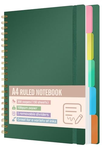 Xnegau Quaderno A4 a righe con 5 divisori rimovibili, 300 pagine carta 100 g/m², copertina rigida, rilegatura a spirale, notebook con linguette per scuola, ufficio e università