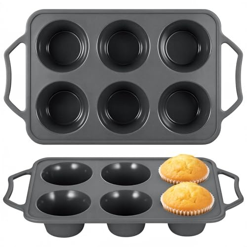 TranRantic 2 Pcs Silicone Muffin Trays with Metal Handles(6 Cup, Grey) | Non Stick Yorkshire Pudding Tray, Giant Cupcake Tray with Metal Frame, Deep Muffin Tin for Baking Pan,Oven