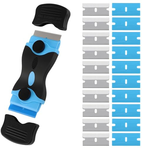 Double Plastic Scraper Tool Non Scratch Glass Scraper with 10 Metal & 10 Plastic Replaceable Spares for Ceramic Hob Sticker Decals Windows