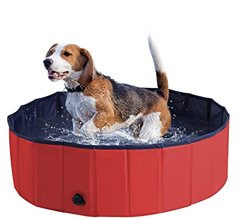 PawHut Foldable Dog Paddling Pool Pet Cat Swimming Pool Indoor/Outdoor Collapsible Summer Bathing Tub Shower Tub Puppy Washer (Φ100 x 30H cm, Red)