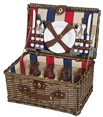 cilio Picknick-Korb LENNO, Für 4 Personen, Geflochtener Korb mit Deckel, Picknickkorb mit Kühlfach inklusive Teller Set, Besteck und Gläsern, Weidenkorb mit Tragegriff, Braun