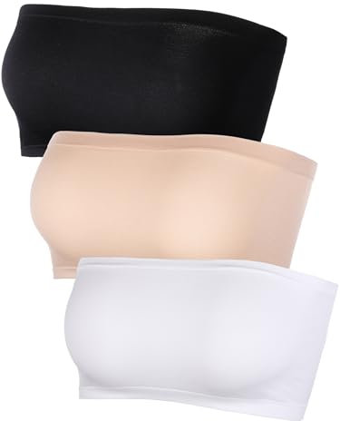 Bralette sans Bretelles pour Femme Bandeau sans Couture Extensible Non Rembourré Bandeau Top Bra Soutien-Gorge en Multi Couleur, 3 Pièces,Noir, Blanc, Couleur de Peau, L