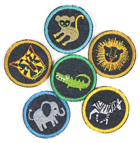 Bügelbilder 6 Tiere Krokodil Affe Elefant Zebra TIger Löwe ø 5cm Flicken zum aufbügeln Set kleine Bügelbilder Aufbügler für Kinder