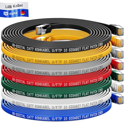 HB-DIGITAL 7x 0,25m LAN Kabel RJ45 Patchkabel mit CAT 7 Rohkabel U/FTP Flach – 10 Gigabit Ethernet Netzwerkkabel Kupfer Profi PiMF für Patchpanel Switch PC Router – Farben