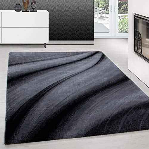 Teppium Moderner Kurzflor Teppich Läufer Flur 80 x 150 cm Schwarz - Flauschiger Teppich Waschbar, Abstrakt Wellen Design, Pflegeleicht, Weich - Ideal lals Bettvorleger im Schlafzimmer und Küchenläufer