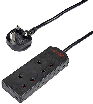 Invero 2 Way Gang Power Mains Extension Lead Cable 3M - Surge Protected, Neon Indicator & British Approved 13A Amps - 3 Metre Black