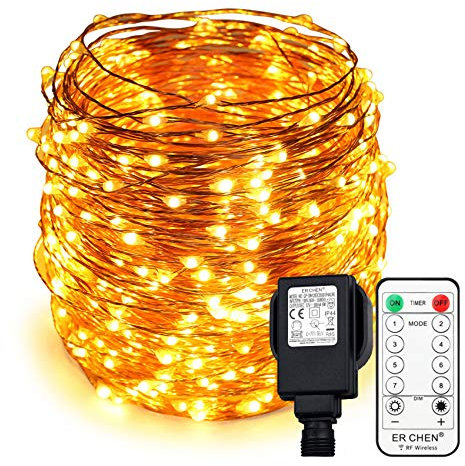 Erchen Plug in Fairy Lights, 165 FT 50M 500 LED Dimmable Copper Wire LED Starry String Lights with 12V DC Power Adapter RF Remote Control for Wedding Christmas Party Bedroom (Warm White)