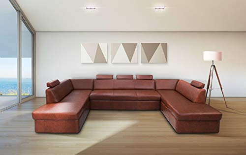 Quattro Meble Echtleder Ecksofa U-Form Antalya U 5z 200x333x200 Sofa Couch mit Schlaffunktion, Bettkasten und Kopfstützen Glatt Echt Leder Antique Tabac Eck Couch Ledersofa große Farbauswahl