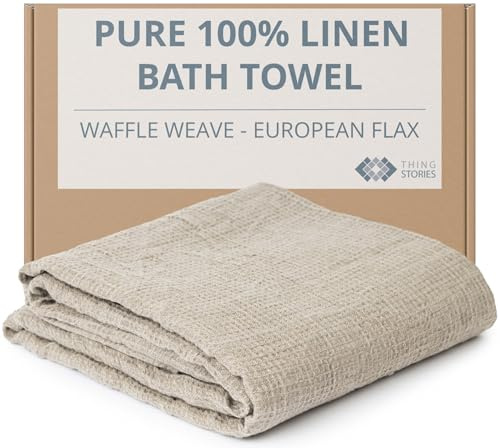 Thing Stories Badetuch aus reinem 100% Leinen, 76,2 x 152,4 cm, leichtes Reisehandtuch, Leinen, Strandtuch, Waffelgewebe, schnell trocknendes Haartuch, dünne Handtücher für Badezimmer