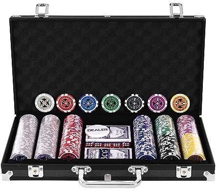 DREAMADE Poker-Set mit 300 Poker Chips, Pokerset Koffer Profi,Pokerkoffer aus Alu, Pokerspiel mit 1 Dealer Button, 5 Würfel und 2 Kartendecks (Schwarz)