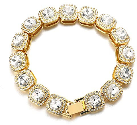 Halukakah Diamant Gold Armband für Männer,Herren 18 Karat Echt Vergoldet Quadratischer Weiß Diamant Armband 21.5cm,Zinken-Set Labordiamanten,mit KOSTENLOSER Geschenkbox
