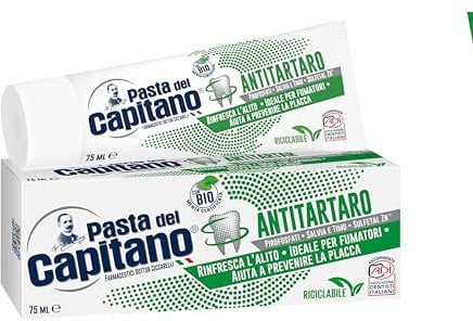 Pasta del Capitano, Dentifricio Antitartaro Bio, Dona Freschezza e Rinfresca l'Alito, Ideale per i Fumatori, Aiuta a Prevenire la Placca, 100% Made in Italy, Tubetto da 75 ml