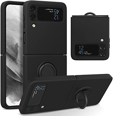 UEEBAI Silikonhülle mit Ring für Samsung Galaxy Z Flip 3 5G, Leichte Etui Case Faltbare Hülle Schlanke Stoßdämpfung Handyhülle mit 360 Grad Drehung Ringhalter Schutzhülle – Schwarz