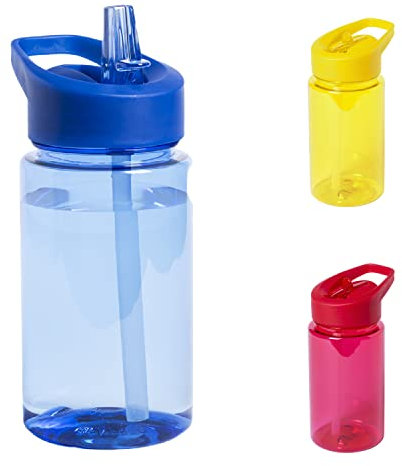 TIENDA EURASIA® Botella de Agua Infantil, 440 ml de Capacidad, con Dosificador, Tapon a Rosca y Asa de Transporte, Bidon de niños para Colegio, Camping, Excursiones, Paseos, Color Azul