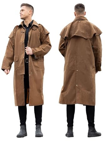 RESISTANCE Unisex Western Oilskin Waterproof Duster Coat, Workwear Black Brown Long Rain Coat With Brass Button And Pockets