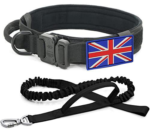 YoothBro K9 Military Dog Collar and Lead Set - Adjustable Nylon Collar with Heavy Duty Metal Buckle, UK Flag Pattern, Medium Large Size, Black