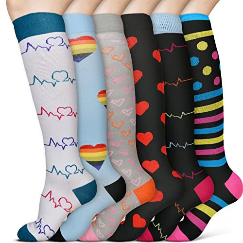 ACWOO Kompressionsstrümpfe Bunt für Damen Herren, 6 Paar Stützstrümpfe Medizinisch Kompressionssocken Bunt Thrombosestrümpfe mit 15-20 Mmhg, Compression Socks für Krankenschwester
