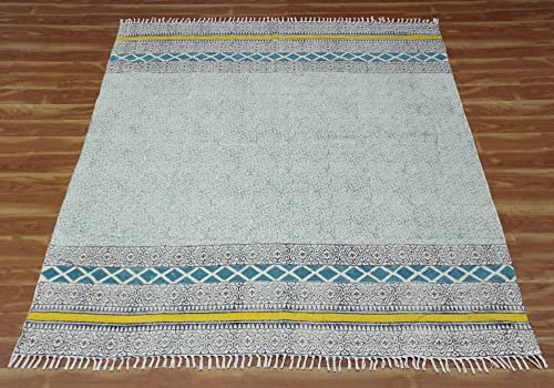 CASAVANI Handgefertigter Baumwollteppich Handblockbedruckte Teppiche, Home Dekorative Blau, Schwarz Bohemia Kelim Teppich Handgewebter Flickenteppich 90 x 300 cm (3 x 10 Fuß Läufer)