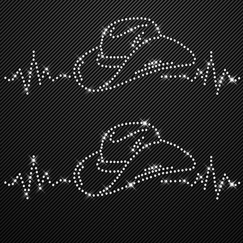 Glitzerdeals Bügelbilder aus Strass Line Dance Cowboyhut auf Herzlinie 2er Set Aufbügler für Textilien Karneval Kostüm Line Dance Strassmotiv Cowboyhut Aufbügler Glitzer Cowgirl