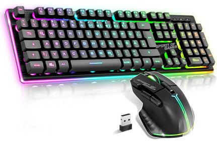 SPIRIT OF GAMER x Ultimate 600 | Gaming Tastatur Maus Set Kabellos Schwarz Wiederaufladbar RGB | DE Layout | Semi Mechanisch | Aluminiumplatte | 4800 DPI Wireless Mouse | Für PS5, PS4, PC, Xbox