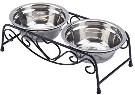 Double Dog Cat Food Water Bowls, Feeder Dishes Shelf Stand Stainless Steel Two Bowls Design Small to Medium Sized Dog Easy Food Access