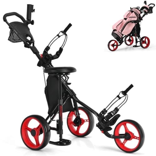 SPOTRAVEL 3 Wheel Golf Push Pull Cart, Folding Golf Trolley with Adjustable Umbrella Holder, Hydraulic Seat, Storage Bag & Beverage Holder, Lightweight Golf Bag Holder (Red)