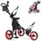 SPOTRAVEL 3 Wheel Golf Push Pull Cart, Folding Golf Trolley with Adjustable Umbrella Holder, Hydraulic Seat, Storage Bag & Beverage Holder, Lightweight Golf Bag Holder (Red)