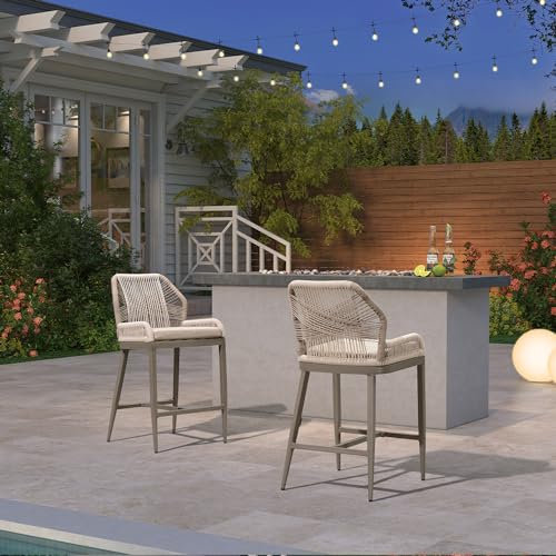 PURPLE LEAF Barhocker 2er Set, Aluminium Barstühle mit Rückenlehne, Outdoor-Tresenhocker Rattan, Mit Gepolsterte Sitze, Böhmischer Stil, für Bar, Cafés, Küchen, Hellgrau