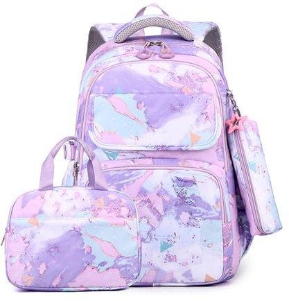FANDARE Mignon Sac à Dos Enfant Filles Garçons Sacs à Dos Loisir avec Panier Repas & Trousse Sac a Dos Maternelle Cartables Scolaires Sacs d'école Sacs portés Dos Sacs Voyage Sacs Scolaires Violet