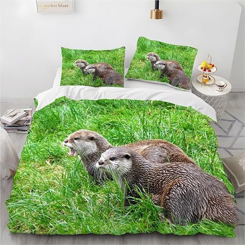 phonxia Bettwäsche 155x 220 Otter - GrüNes Gras Bettbezug mit Reißverschluss Mikrofaser Bettwäsche Set + 2 Kissenbezug 80x80 cm Deluxe Atmungsaktiv Reversibel