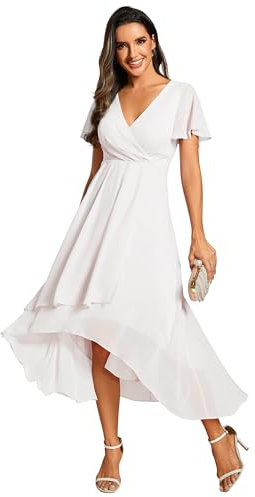 Ever-Pretty Robe D'Invité Jupe Trapèze Col en V Manches Volantées Robe Femme Chic Et Elegant Belle Robe Soirée Blanc 48
