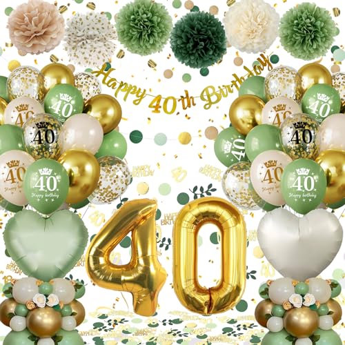 40 Geburtstag Deko,Geburtstagsdeko 40 Männer Frauen,Deko 40 Geburtstag Frau Mann, 40. Geburtstag Frauen Avocado Grüne Gold Luftballons mit Happy Birthday Banner Pompons für 40 Geburtstag Dekorationen