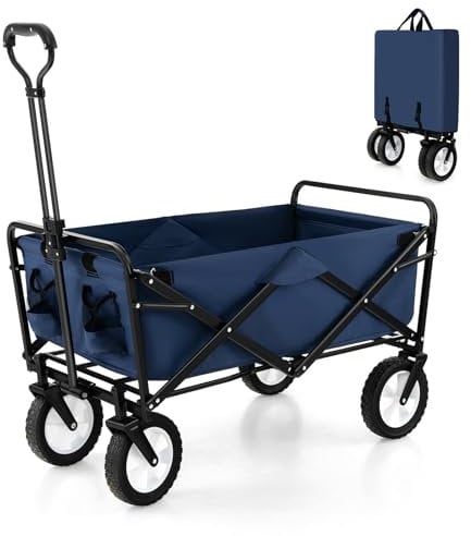 COSTWAY Folding Trolley Cart, Collapsible Garden Festival Wagon with 2 Cup Holders and Adjustable Handle, Outdoor Transport Pull Along Carts for Camping Beach Shopping Sporting Events (Navy Blue)