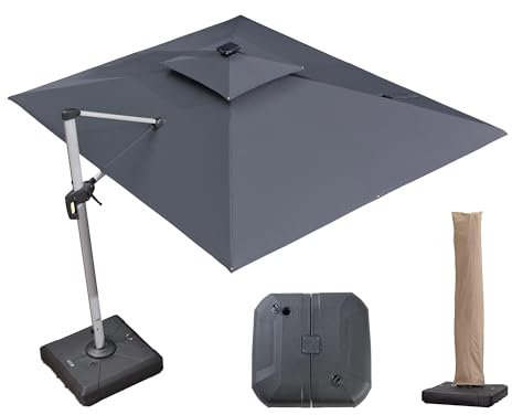 PURPLE LEAF Parasol Déporté 2,7 x 3,65 m Rectangulaire avec LED et Pieds de Parasol, Parasol de Jardin Extérieur à Toit Double Rotatif 360°, Pour Patio, Piscines, Restaurants Extérieurs, Gris acier