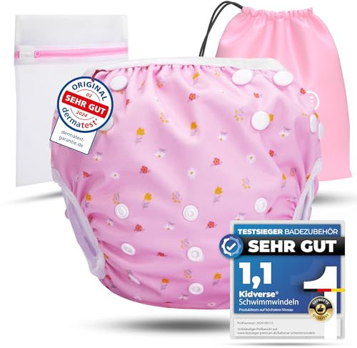 KIDVERSE Schwimmwindel Baby Badehose 0-3 Jahre - Hautfreundliche Schwimmwindeln wiederverwendbar & saugstark - Größenverstellbare Badewindel Baby Schwimmhose Tragetasche & Wäschenetz (Pink Flowers)