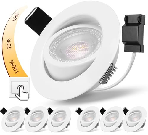 LED Einbaustrahler 230V Weiß 3 Stufe Dimmbar 5W LED Spots 68mm Deckenspots 3000K Warmweiß 500lm Einbauleuchten 45° Schwenkbar Einbauspots Flach IP44 Spots Deckenleuchte für Wohnzimmer Salon, 6er Set