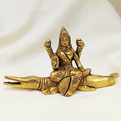 Ganga Mata Idol aus Messing, sitzend auf Krokodil, Maa Ganga-Statue, 6,3 cm, Indiens heiligster Fluss, Hindu-Göttin, Idol-Skulptur, Sammelfigur für Tempel, Puja, Heimdekoration, Büro, Geschenk, 210 g